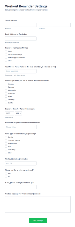 Workout Reminder Settings Form Template