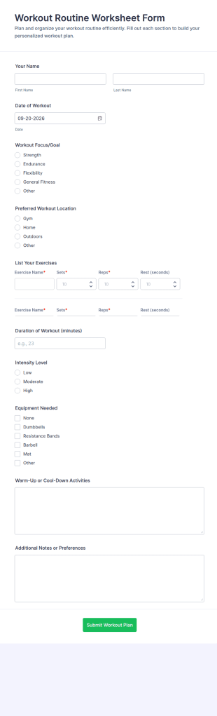Workout Routine Worksheet Form Template