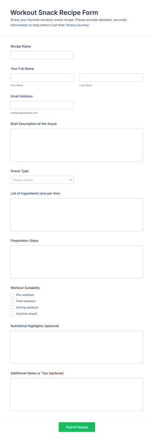 Workout Snack Recipe Form Template