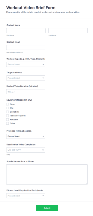 Workout Video Brief Form Template