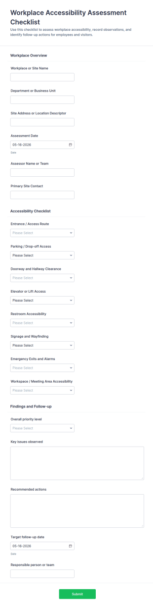 Workplace Accessibility Assessment Checklist Form Template