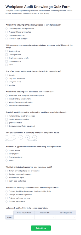 Workplace Audit Knowledge Quiz Form Template