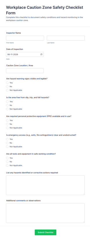 Workplace Caution Zone Safety Checklist Form Template