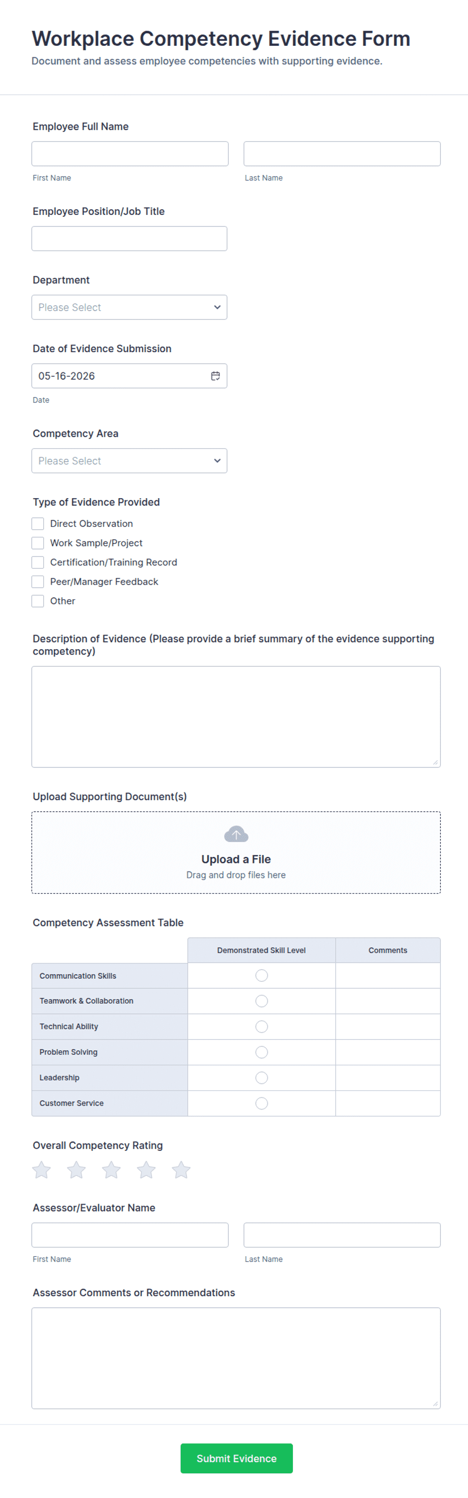Apprentice Evidence Form Workplace Competency Evidence Form Template | Jotform