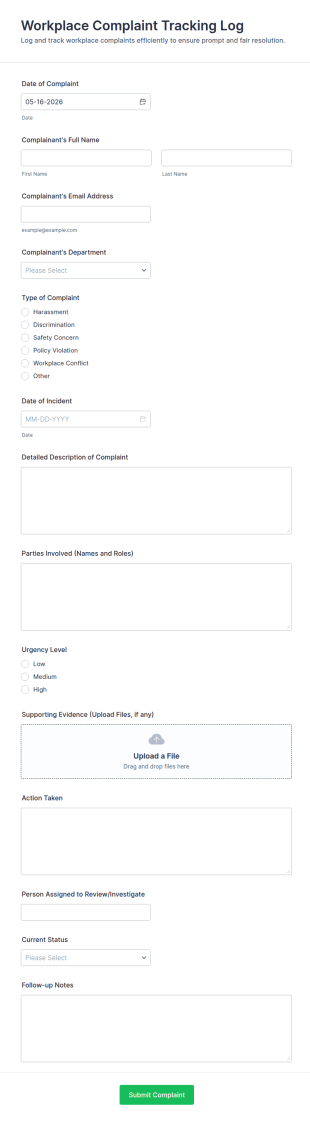 Workplace Complaint Tracking Log Form Template