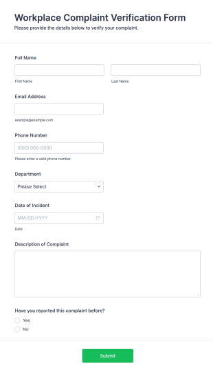 Workplace Complaint Verification Form Template