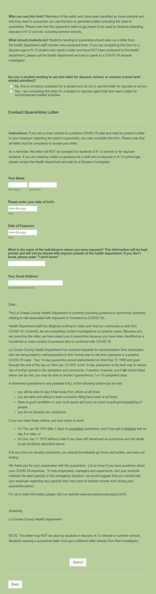 Workplace Contact Quarantine Letter Form Template