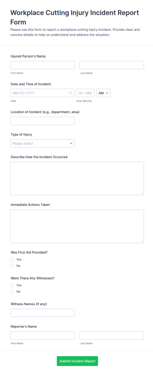 Workplace Cutting Injury Incident Report Form Template