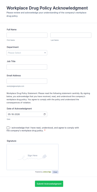 Workplace Drug Policy Acknowledgment Form Template