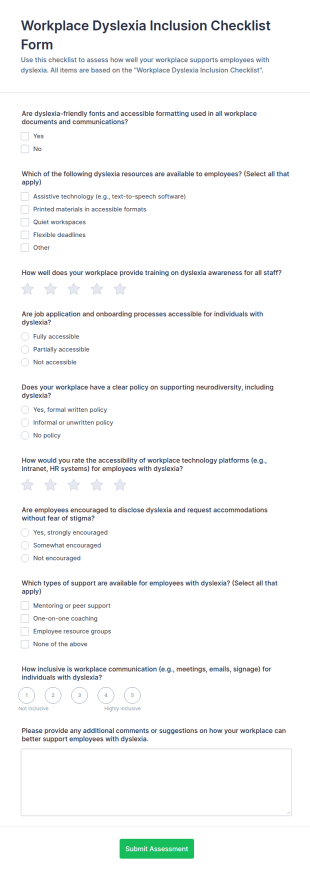 Workplace Dyslexia Inclusion Checklist Form Template