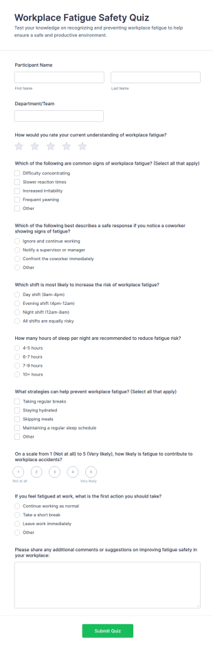 Workplace Fatigue Safety Quiz Form Template