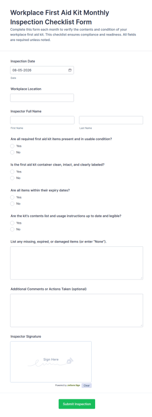Workplace First Aid Kit Monthly Inspection Checklist Form Template