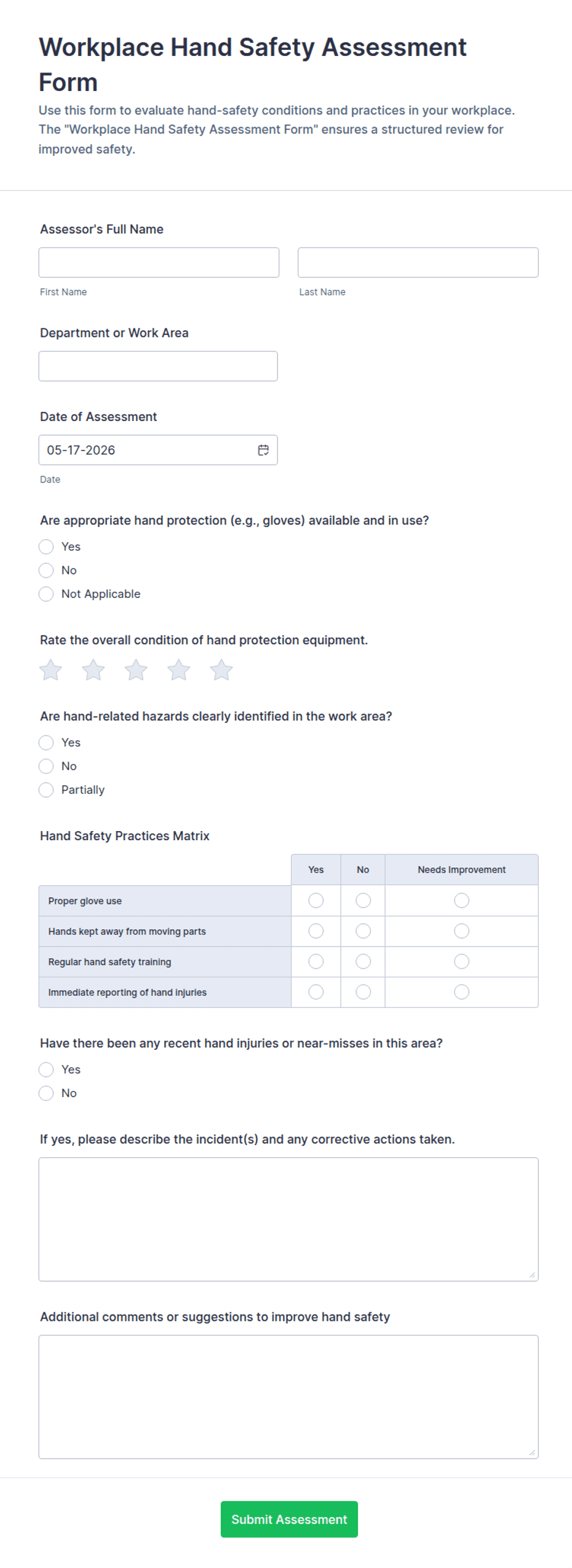 Workplace Hand Safety Assessment Form Template | Jotform