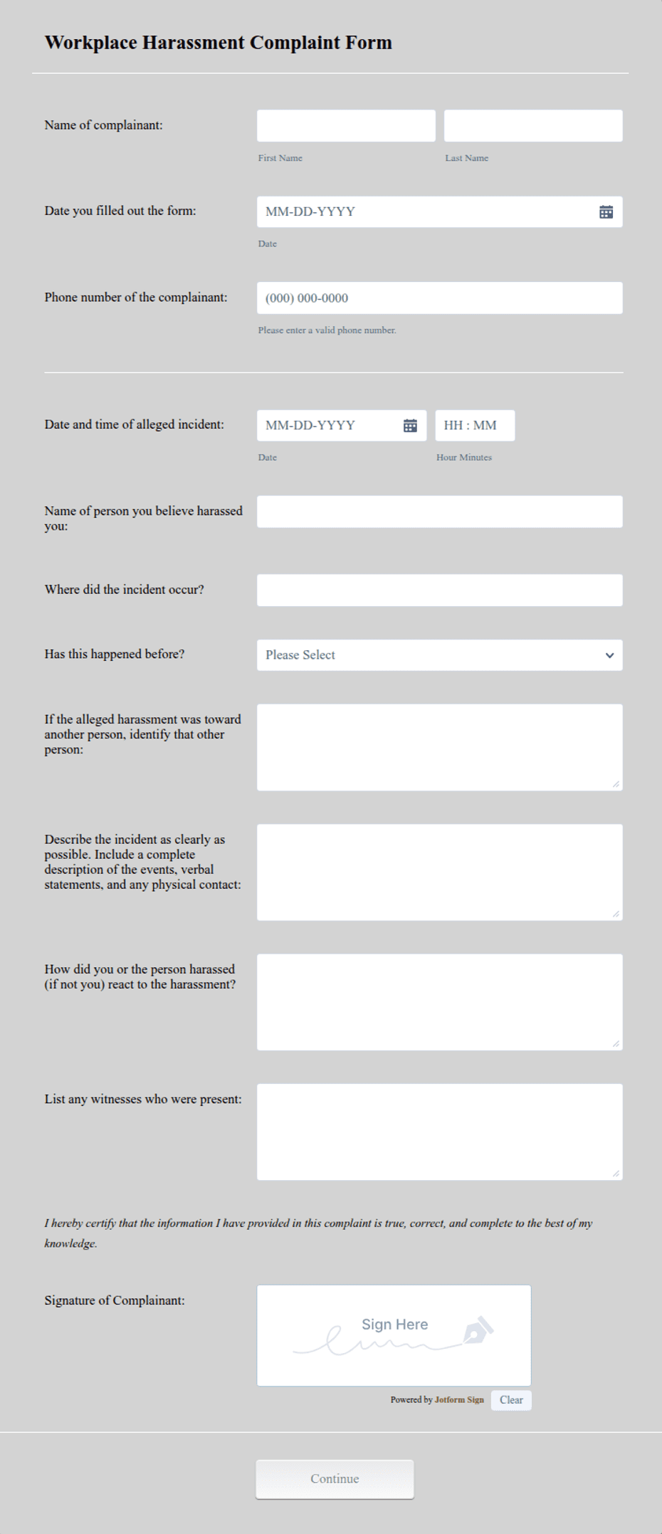 Harassment Worksheet Form.pdf Workplace Harassment Complaint Form Form Template | Jotform