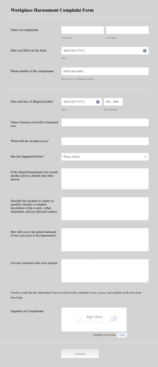 Workplace Harassment Complaint Form Form Template