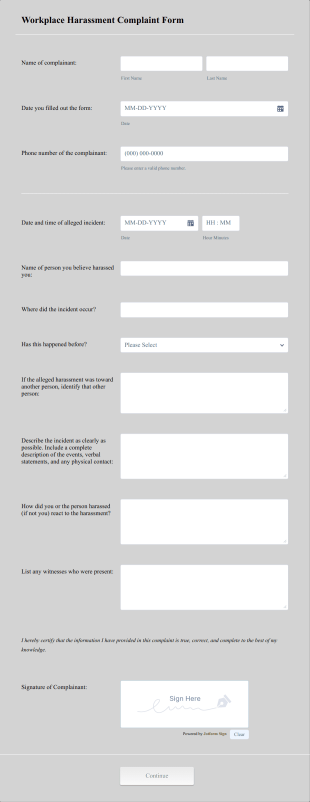 Workplace Harassment Complaint Form  Form Template