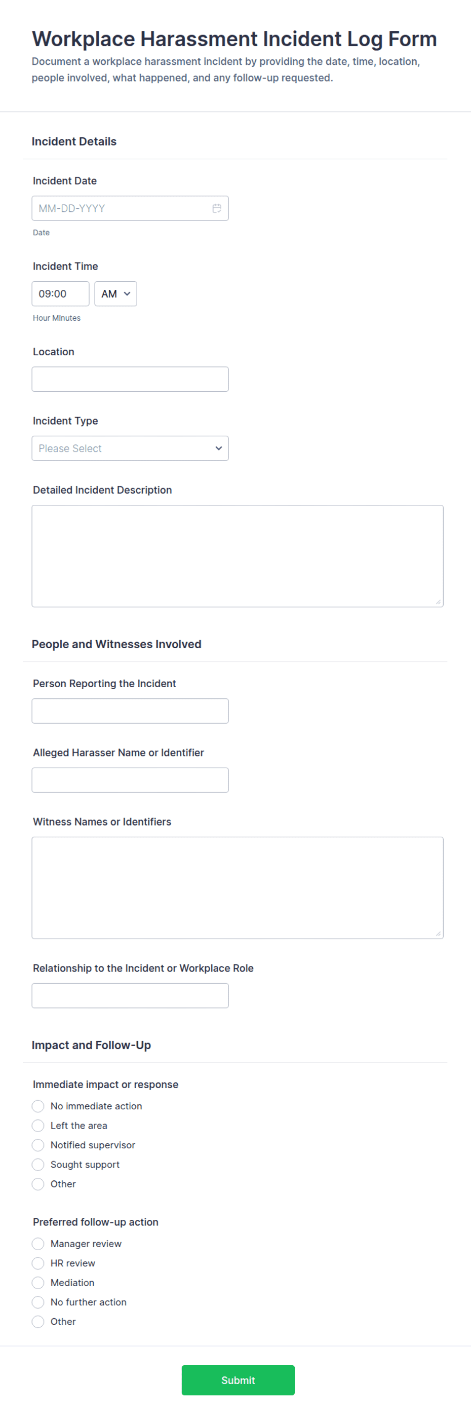 Workplace Harassment Incident Log Form Template | Jotform