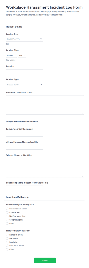 Workplace Harassment Incident Log Form Template