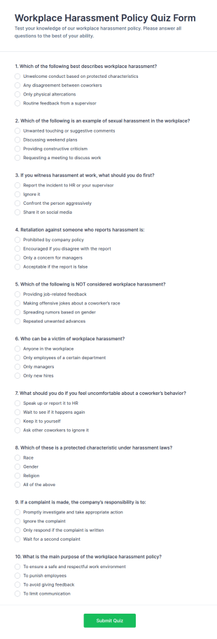 Workplace Harassment Policy Quiz Form Template