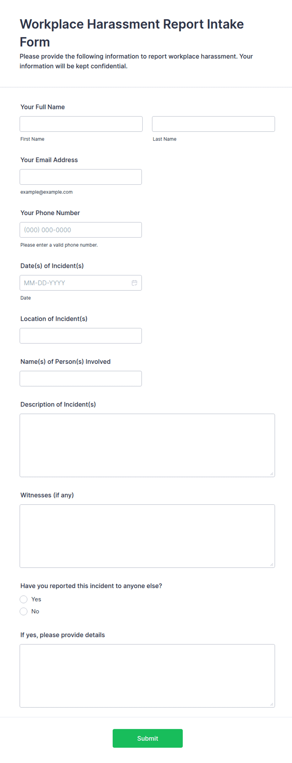Harassment Worksheet Form.pdf Workplace Harassment Report Intake Form Template | Jotform