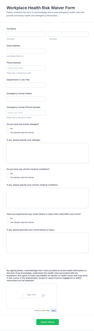 Workplace Health Risk Waiver Form Template