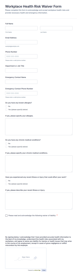 Workplace Health Risk Waiver Form Template