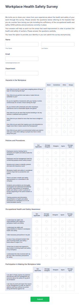 Workplace Health Safety Survey Form Template