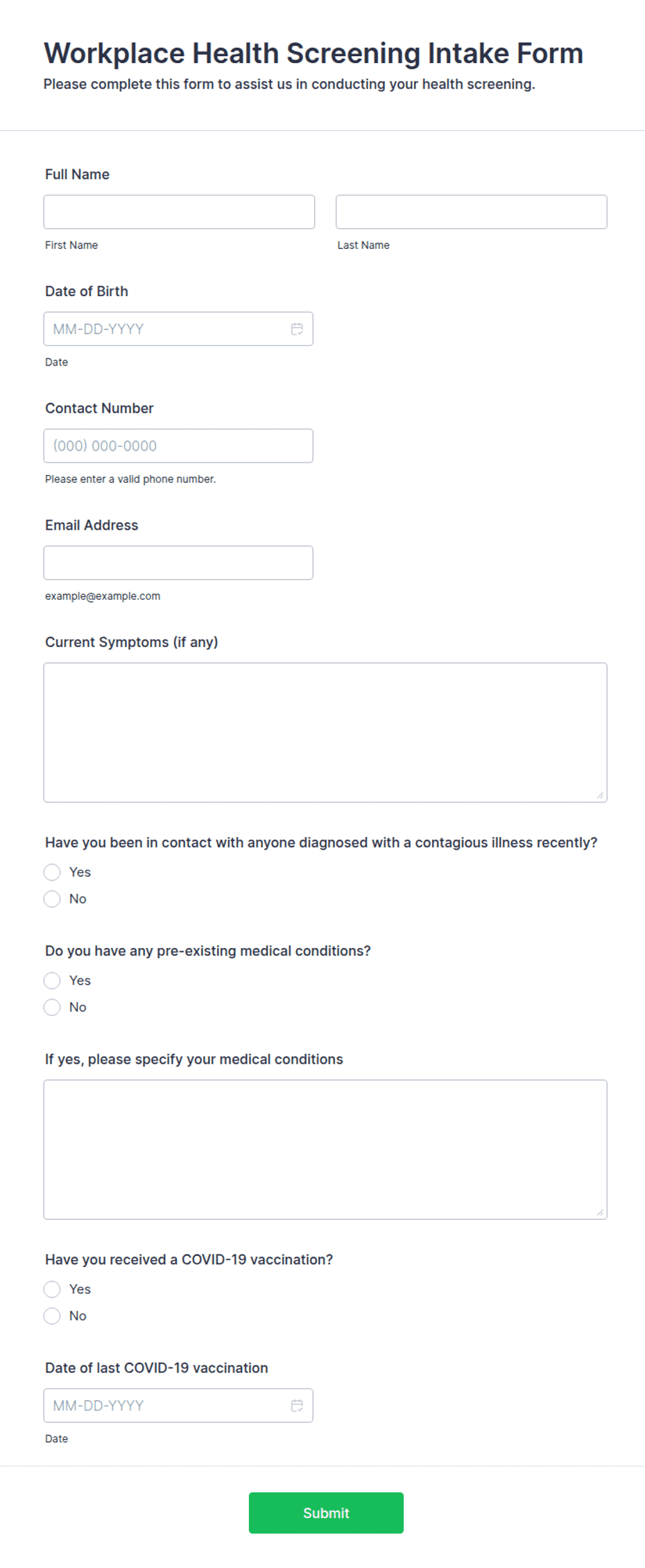 Workplace Health Screening Intake Form Template | Jotform