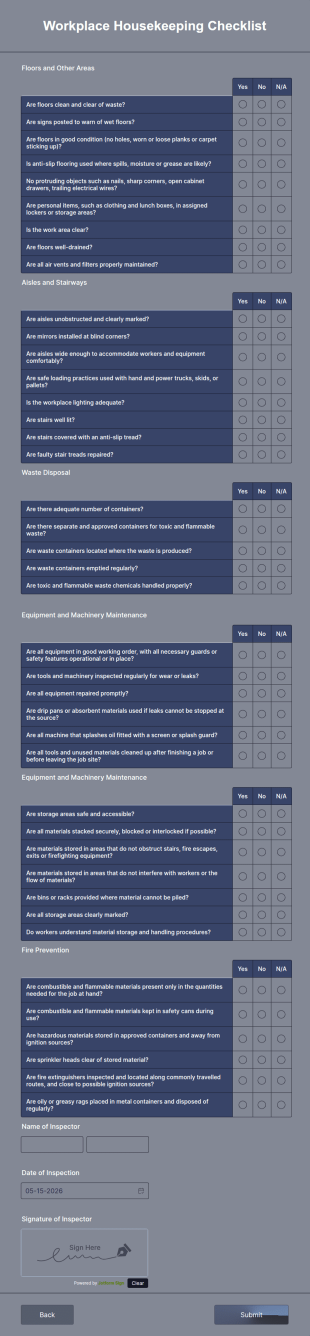 Workplace Housekeeping Checklist Form Template