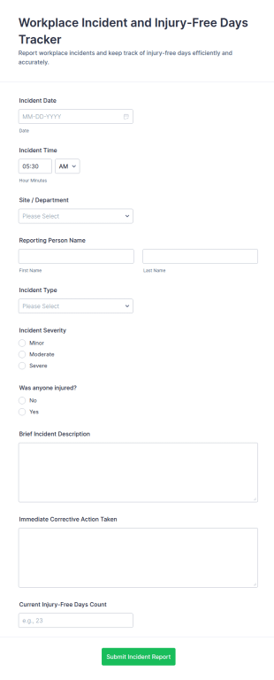 Workplace Incident And Injury Free Days Tracker Form Template