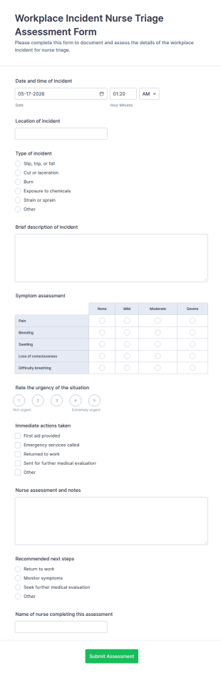 Workplace Incident Nurse Triage Assessment Form Template