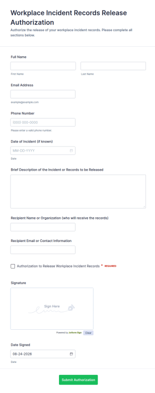 Workplace Incident Records Release Authorization Form Template