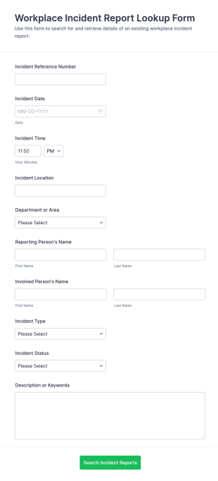 Workplace Incident Report Lookup Form Template