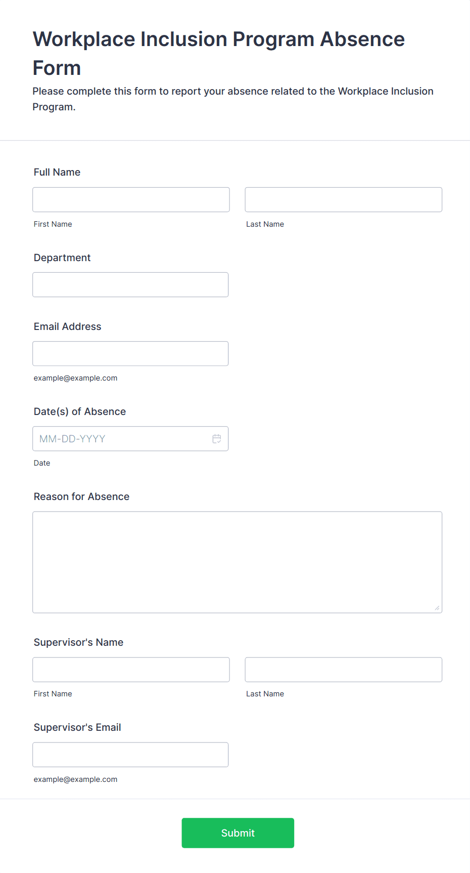 Workplace Inclusion Program Absence Form Template | Jotform