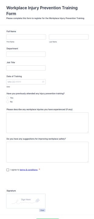 Workplace Injury Prevention Training Form Template