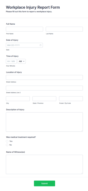 Workplace Injury Report Form Template