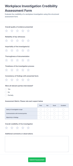 Workplace Investigation Credibility Assessment Form Template