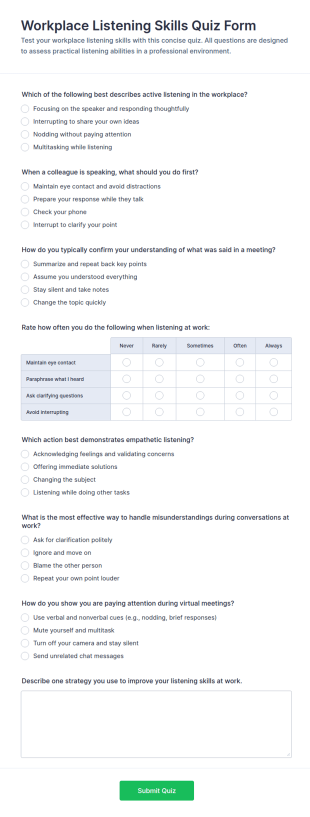 Workplace Listening Skills Quiz Form Template