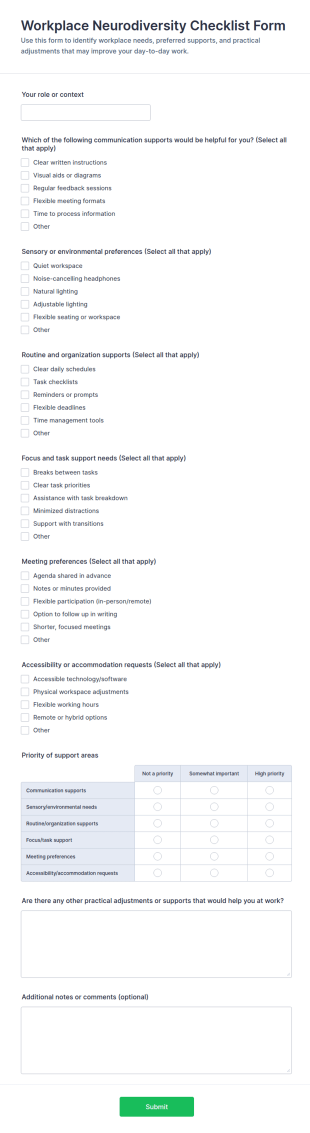Workplace Neurodiversity Checklist Form Template