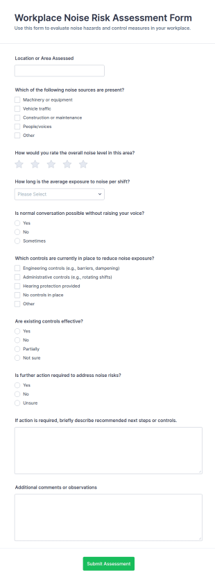 Workplace Noise Risk Assessment Form Template