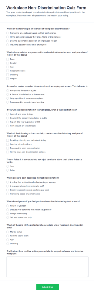 Workplace Non Discrimination Quiz Form Template