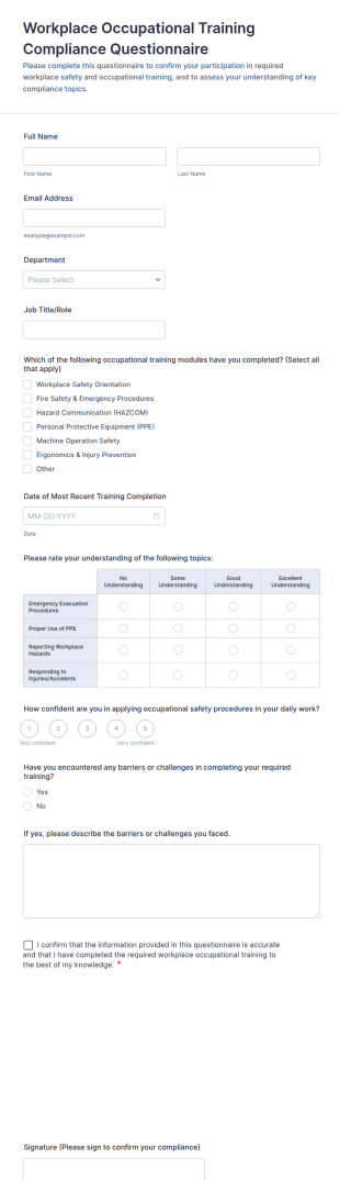 Workplace Occupational Training Compliance Questionnaire Form Template