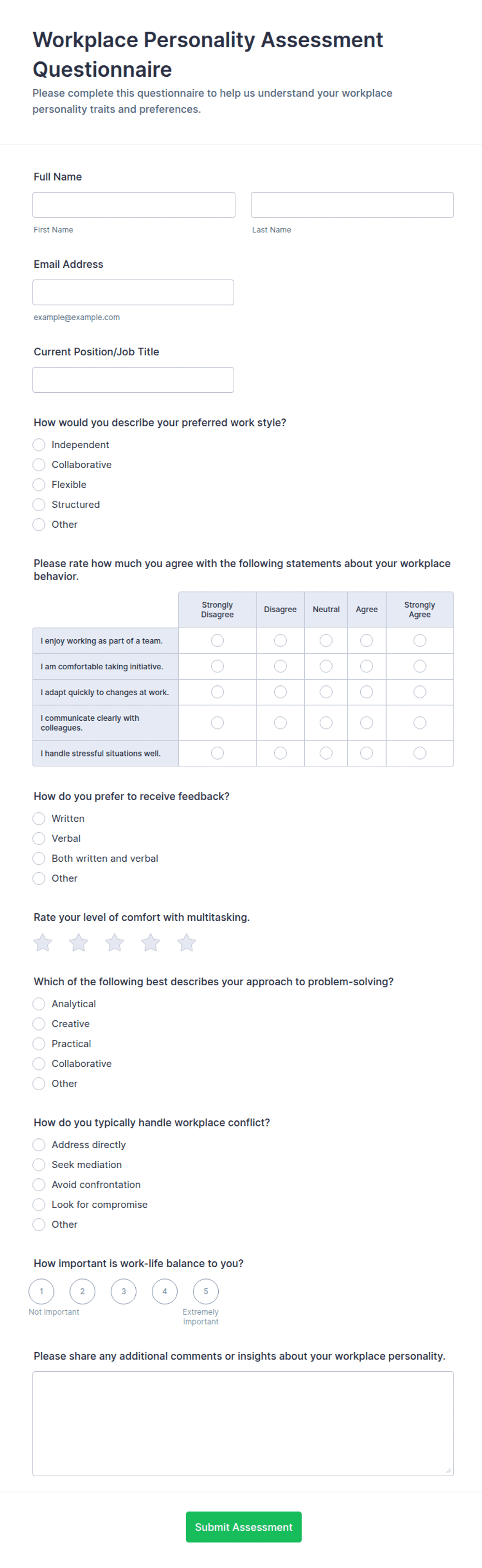 Workplace Personality Assessment Questionnaire Form Template | Jotform