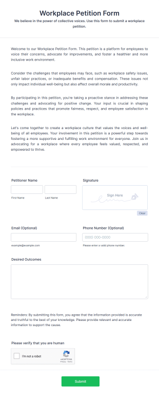 Workplace Petition Form Template