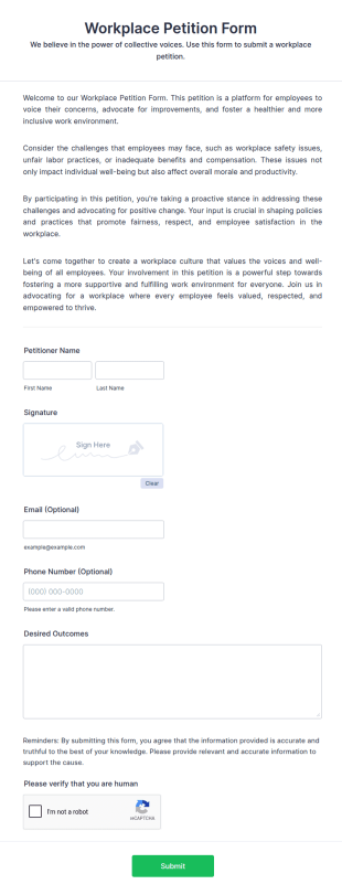 Workplace Petition Form Template
