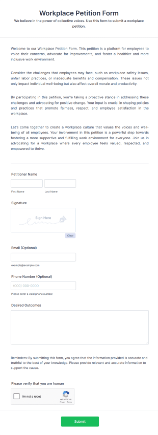 Workplace Petition Form Template