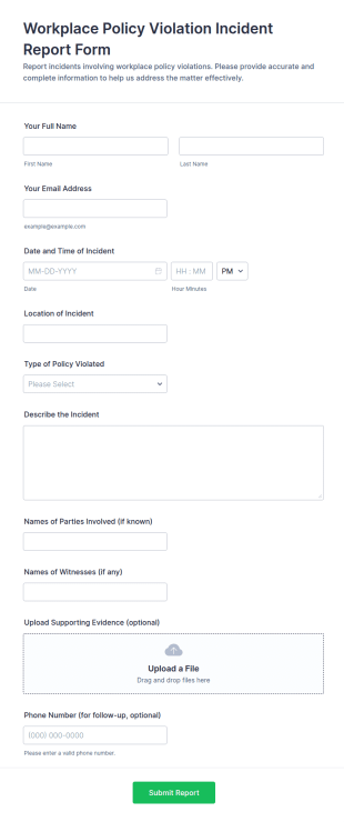 Workplace Policy Violation Incident Report Form Template