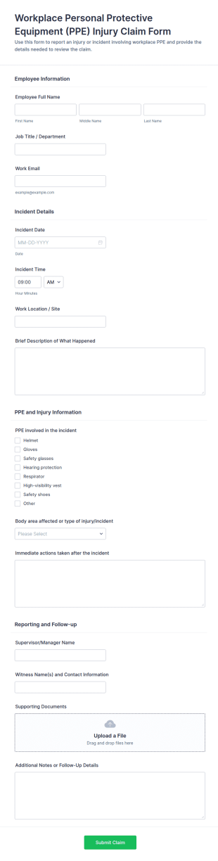 Workplace PPE Injury Claim Form Template