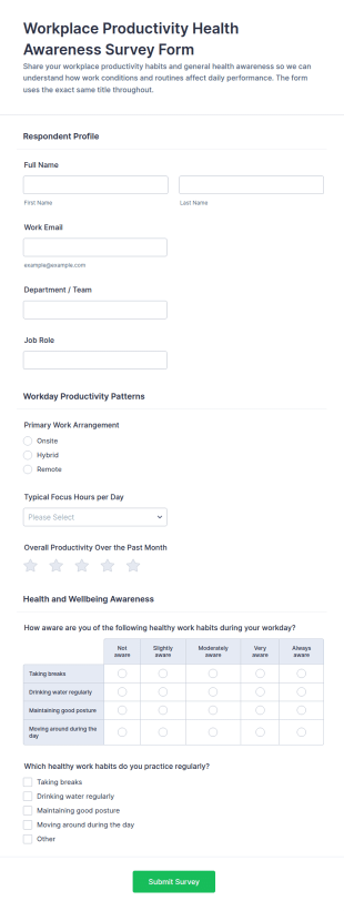 Workplace Productivity Health Awareness Survey Form Template