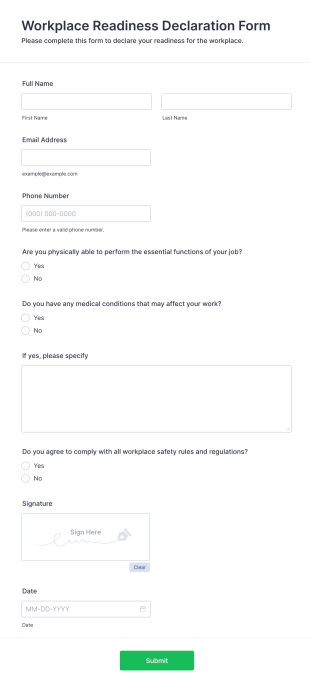 Workplace Readiness Declaration Form Template
